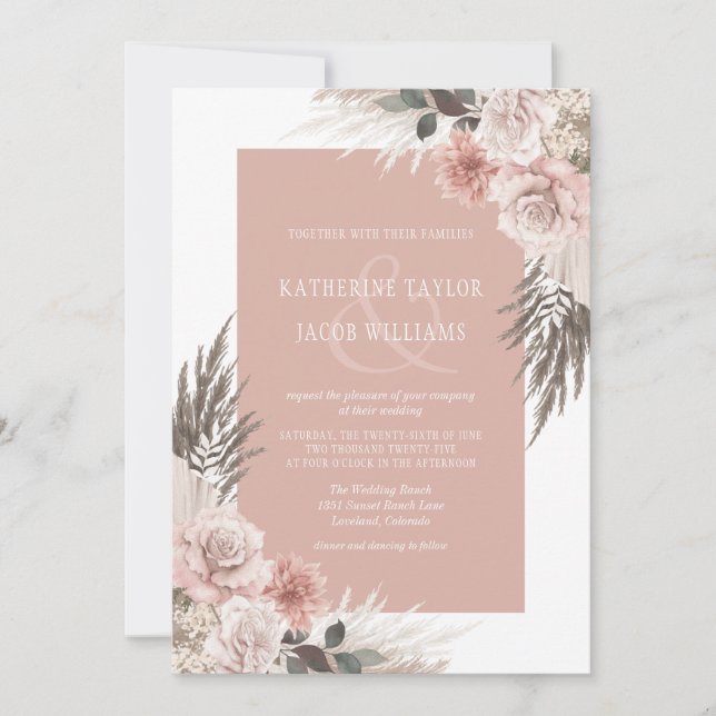 Boho Pink Floral QR Code RSVP Wedding Invitation (Front)