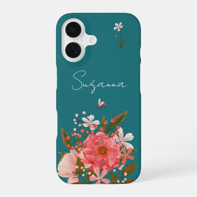  Boho Pink Floral Script Personalize Name iPhone 16 Case (Back)