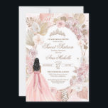 Boho Pink Floral Sweet Sixteen, 16th Birthday  Invitation<br><div class="desc">Birthday invitation in an elegant boho style. Blush pink and white roses,  dried floral,  palm and pampas grass and a girl in a beautiful matching gown. 

Check the shop for this invitation with girls in different hair colours and skin tones and more variations.</div>