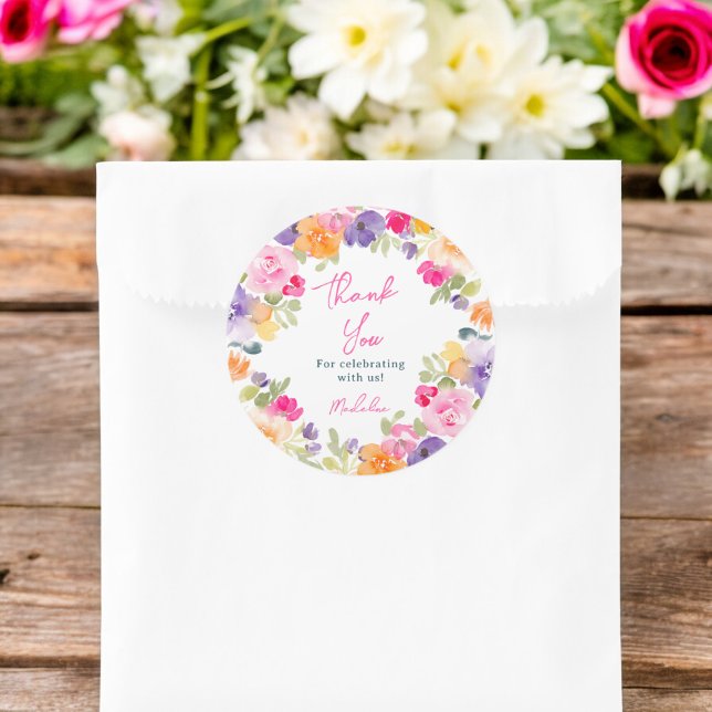 Boho pink floral thank you bridal shower classic round sticker (Boho pink floral thank you bridal shower classic round sticker)