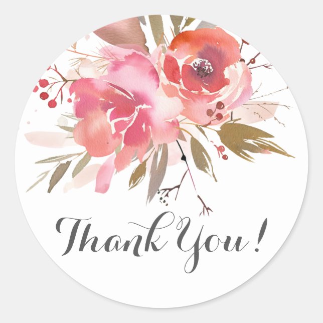boho pink floral thank you stickers (Front)