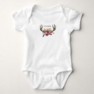 Boho Pink Floral Watercolor Antlers Monogram Baby Bodysuit