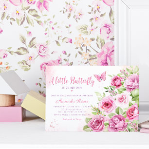 Boho Pink Floral Watercolor Butterfly Baby Shower Invitation