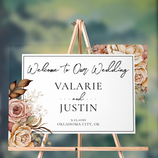Boho Pink Floral Welcome Wedding Acrylic Sign (Neutral)