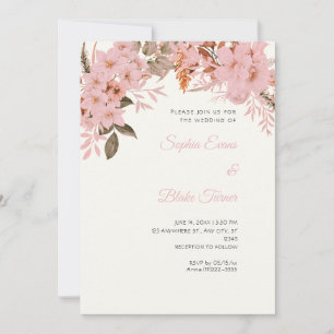 Boho Pink Floral Winter White Cream Wedding Invitation