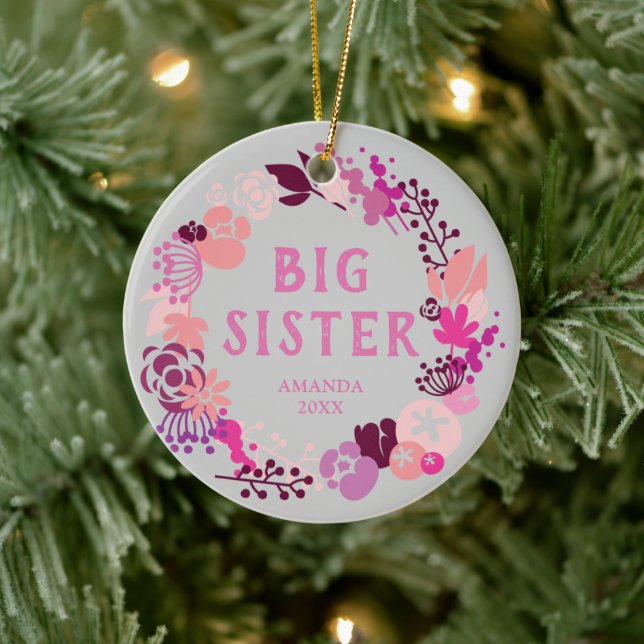 Boho Pink Floral Wreath Personalized Big Sister Ceramic Ornament (Tree)