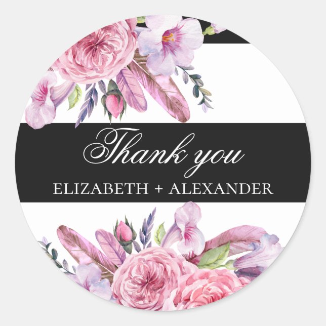 Boho pink flowers and feathers wedding thank you classic round sticker (Front)