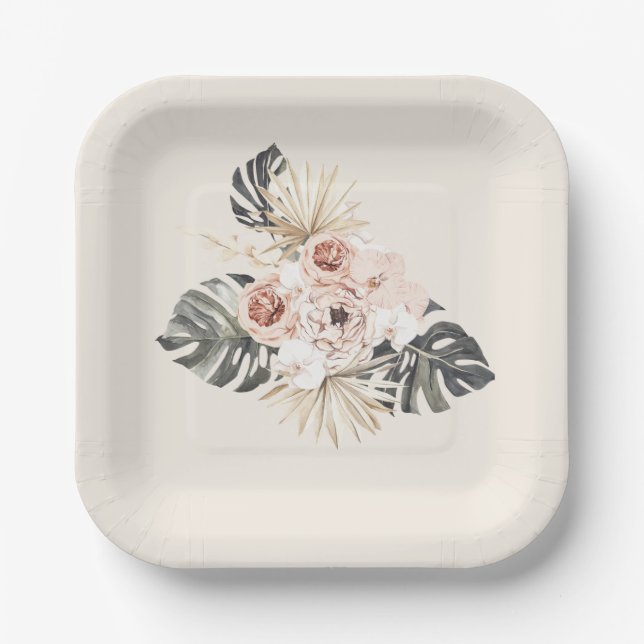 Boho Pink Flowers Birthday Party Paper Plate (Front)
