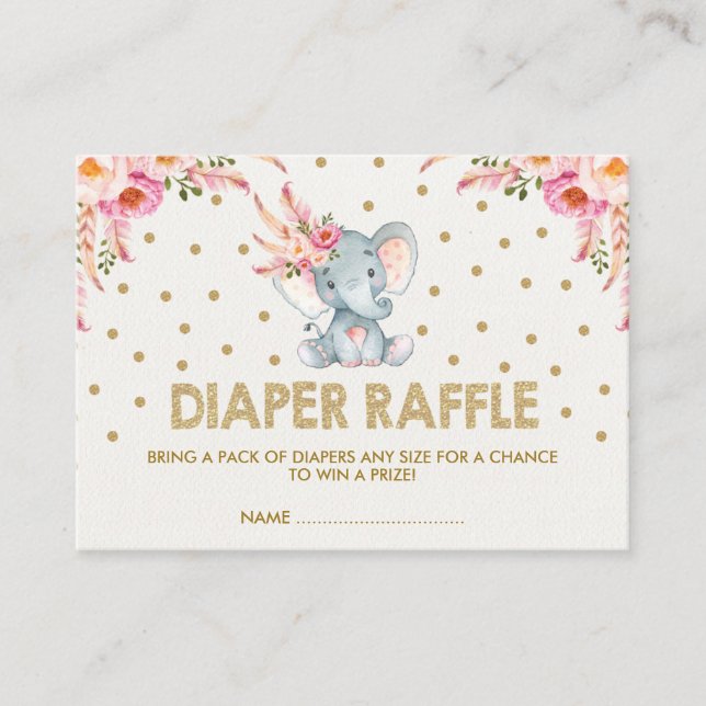 Boho Pink Flowers Elephant Diaper Raffle Ticket Enclosure Card (Front)