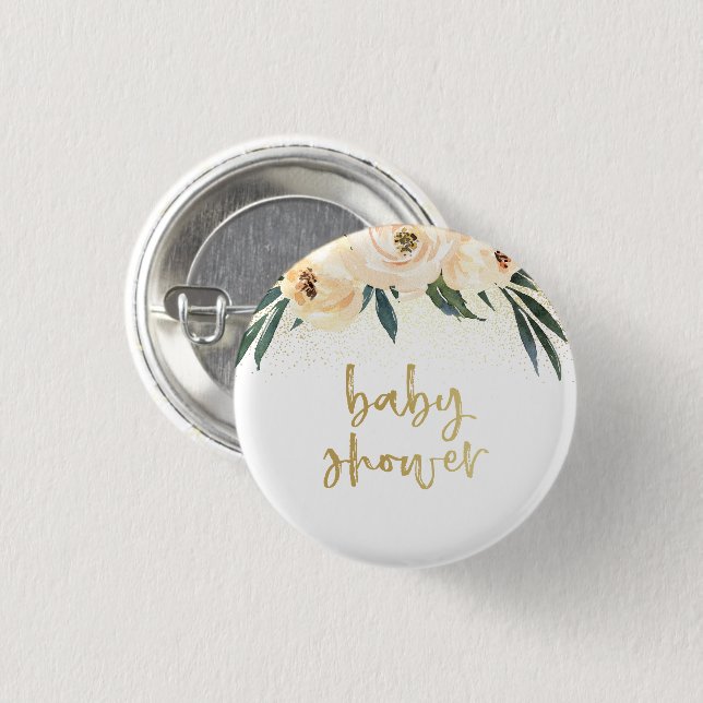 Boho Pink Flowers & Gold Baby Shower 1 Inch Round Button (Front & Back)