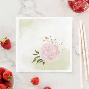 Boho pink flowers green leaves botanical napkin