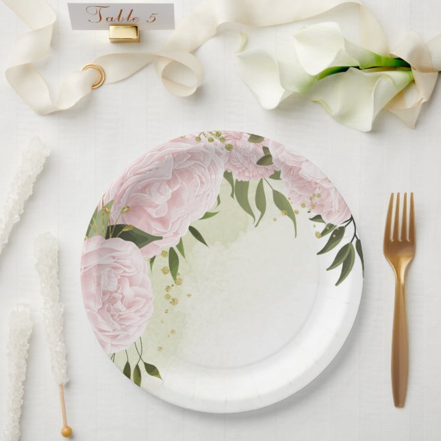 Boho pink flowers green leaves botanical paper plate (Wedding)