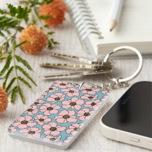 Boho Pink Flowers On Blue Keychain