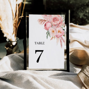Boho Pink Flowers Pampas Grass Table Numbers 7