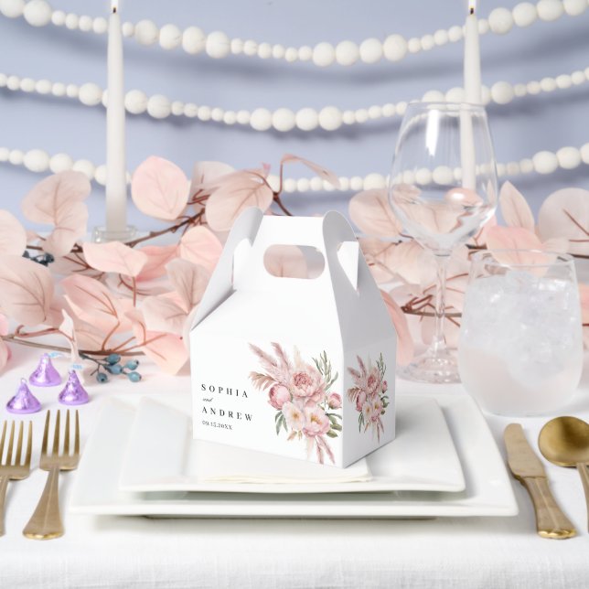Boho Pink Flowers Pampas Grass Wedding Favor Box (Wedding)