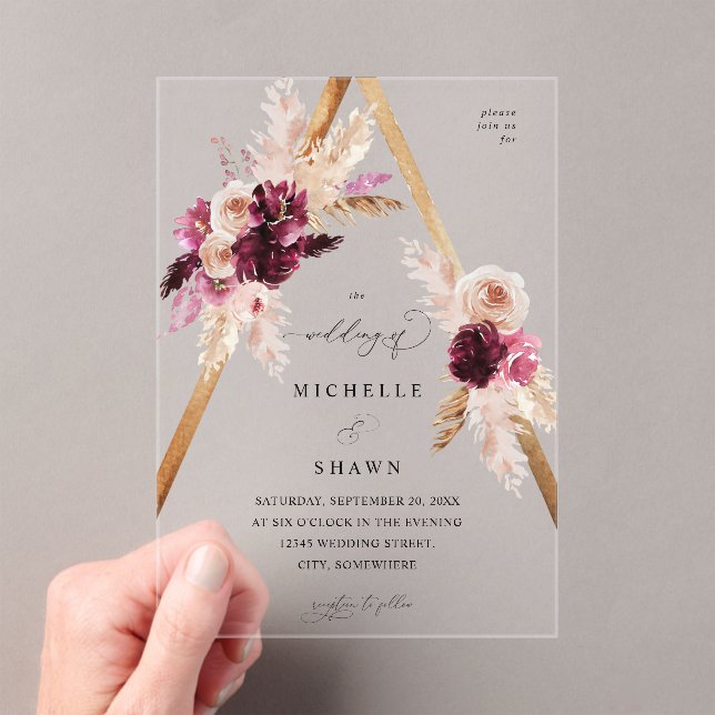 Boho Pink Frame Pampas Grass Floral Wedding Acrylic Invitations (Insitu (Handheld))