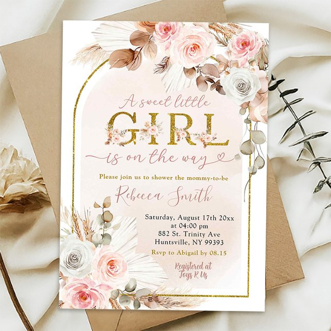 Boho Pink Girl Pampas Grass Fall Baby Shower Invitation (Creator Uploaded)