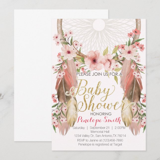 Boho Pink Gold Dreamcatcher Baby Shower Invitation (Front/Back)