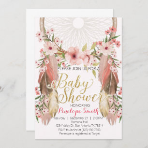 Boho Pink Gold Dreamcatcher Baby Shower Invitation
