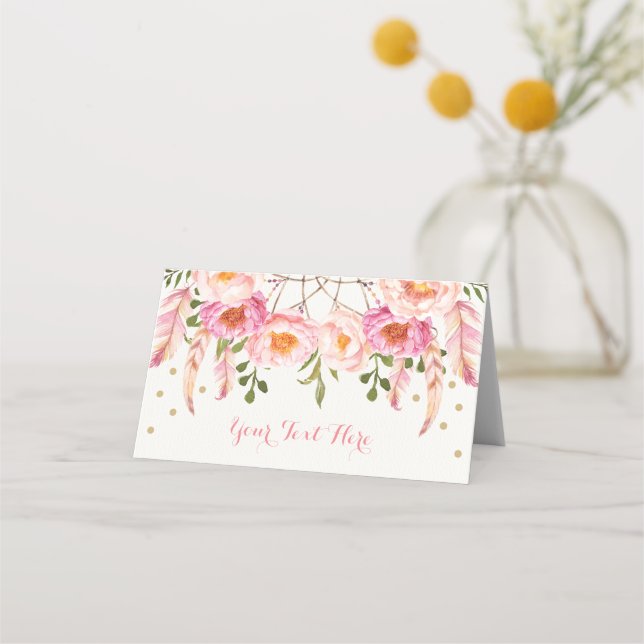 Boho Pink Gold Floral Dreamcatcher Birthday Shower Place Card (Front)