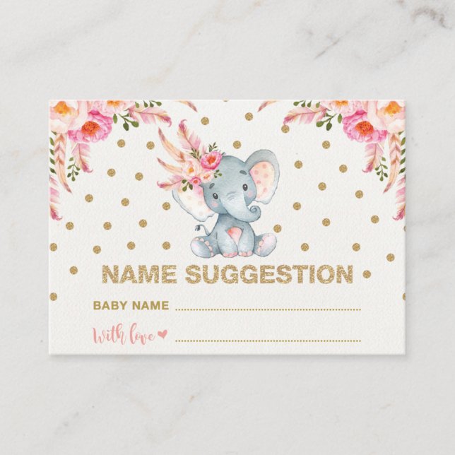 Boho Pink Gold Floral Nom du bébé Carte de suggest (Devant)