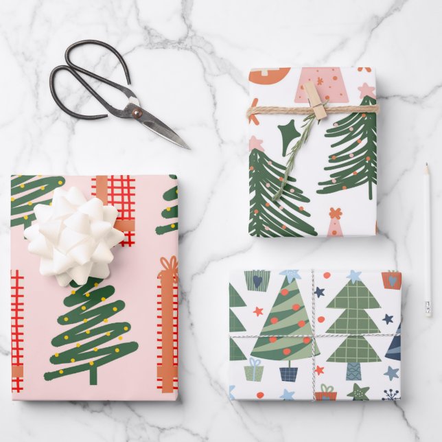 Boho Pink Green Blue Christmas Trees Holiday Wrapping Paper Sheet (Front)