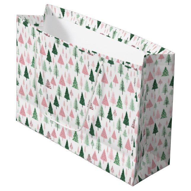 Boho Pink Green Christmas Trees Holiday  Large Gift Bag (Front Angled)