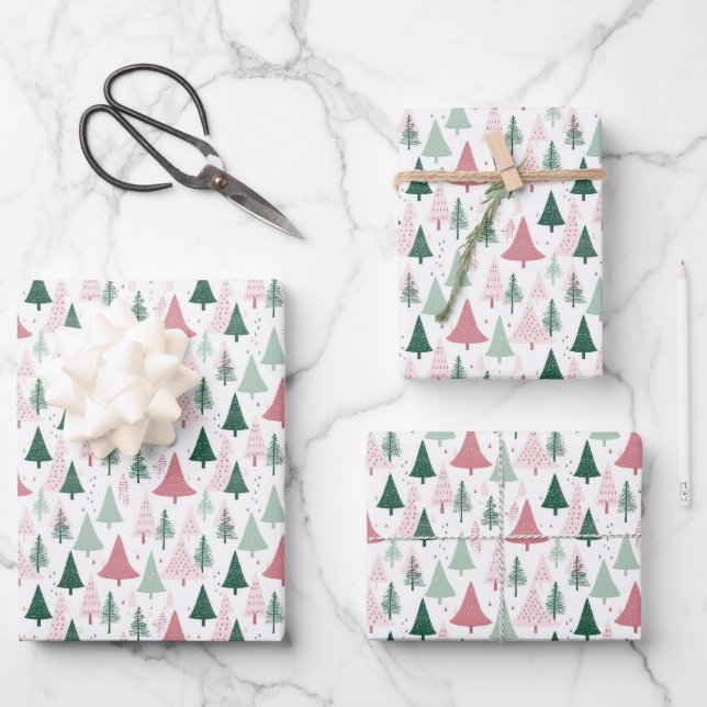 Boho Pink Green Christmas Trees Holiday Seasonal Wrapping Paper Sheet (Front)