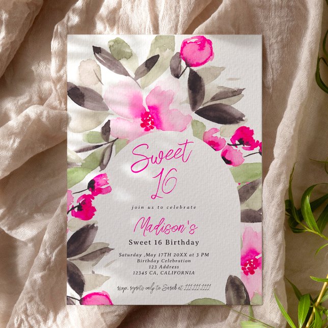 Boho pink green floral photo Sweet 16 Invitation (Creator Uploaded)