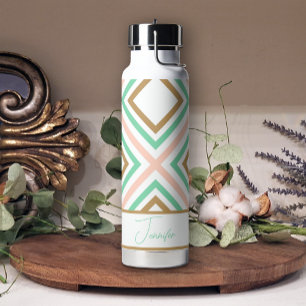 Boho Pink Green Gold Bouteille d'eau géométrique