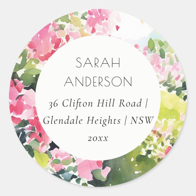 Boho Pink Green Tropical Bougainvillea Address Classic Round Sticker (Front)