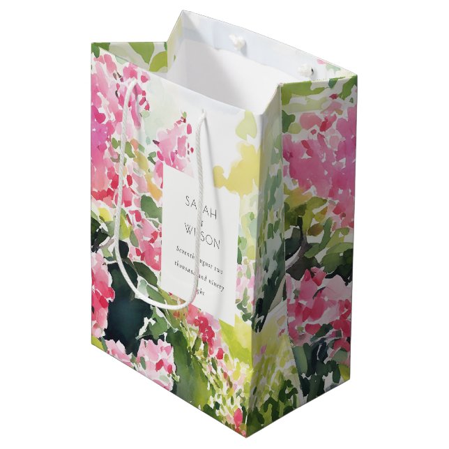 Boho Pink Green Tropical Bougainvillea Wedding Medium Gift Bag (Front Angled)