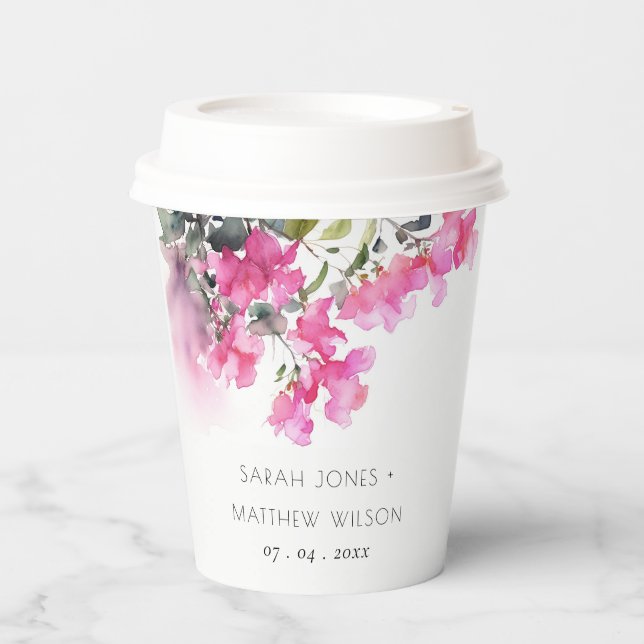 Boho Pink Green Tropical Bougainvillea Wedding Paper Cups (Front)