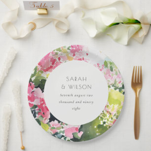 Boho Pink Green Tropical Bougainvillea Wedding Paper Plate