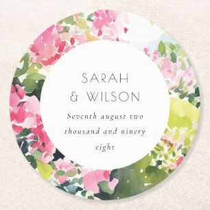 Boho Pink Green Tropical Bougainvillea Wedding Round Paper Coaster