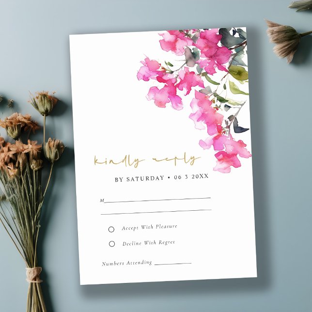 Boho Pink Green Tropical Bougainvillea Wedding RSVP Card (Creator Uploaded)