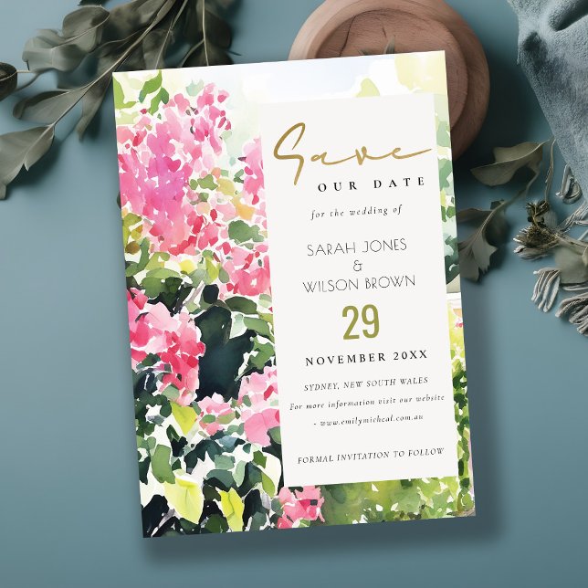 Boho Pink Green Tropical Bougainvillea Wedding Save The Date (Creator Uploaded)