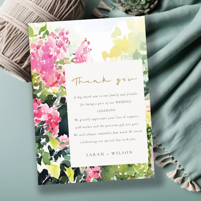 Boho Pink Green Tropical Bougainvillea Wedding Thank You Card (Creator Uploaded)