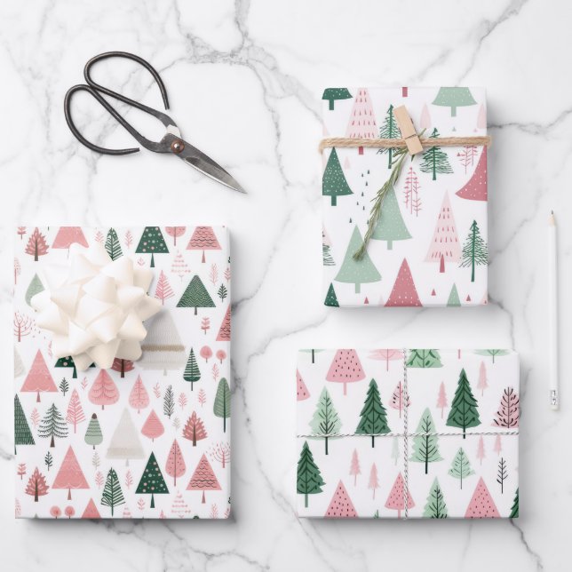 Boho Pink Green Whimsical Seasonal Christmas Trees Wrapping Paper Sheet (Front)