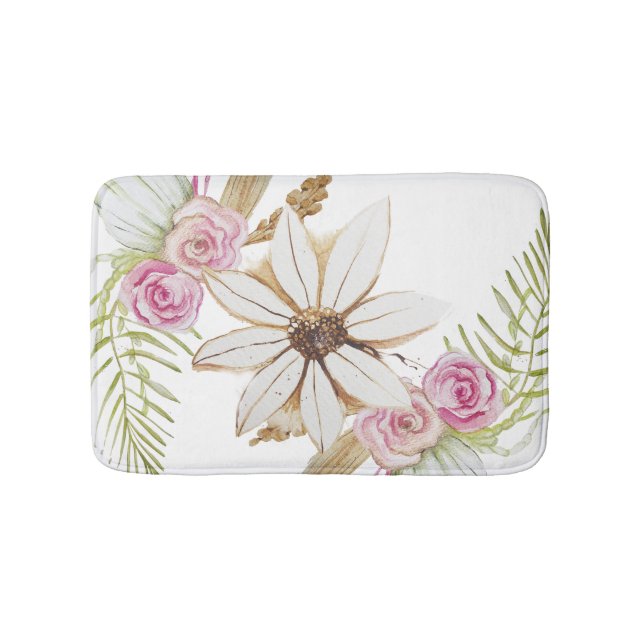 Boho Pink Green White Brown Floral Elegant  Bath Mat (Front)