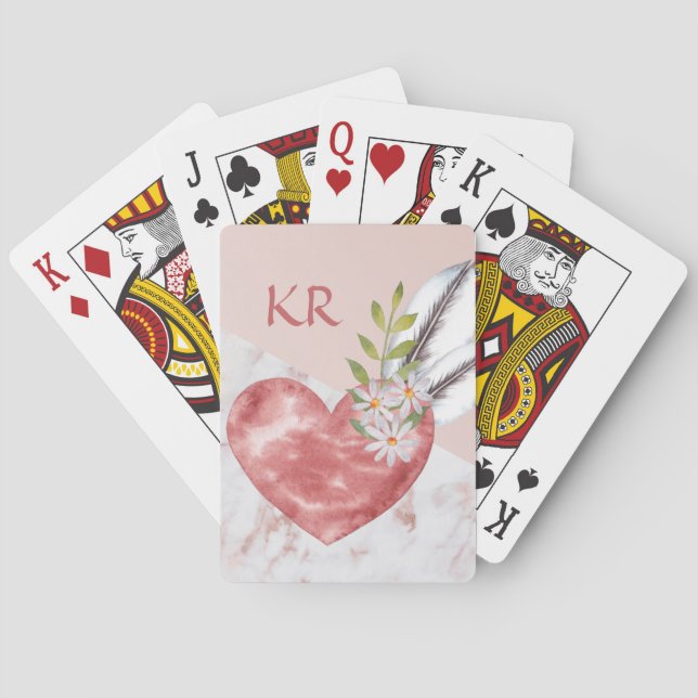 Boho Pink Heart Feathers Daisy Marble Pattern Playing Cards (Back)