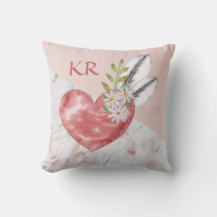 Boho Pink Heart Feathers Marble Pattern Initials Throw Pillow