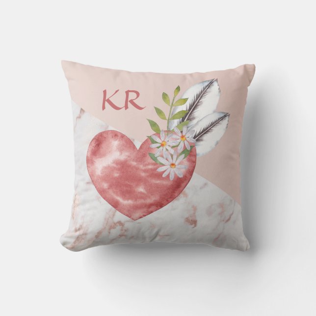 Boho Pink Heart Feathers Marble Pattern Initials Throw Pillow (Front)
