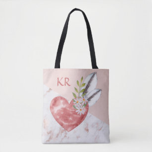 Boho Pink Heart Feathers Marble Pattern Initials Tote Bag