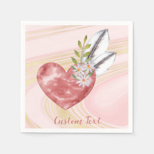 Boho Pink Heart Feathers Personalized Napkin
