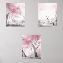 Boho Pink Landcape Wall Art Set de 3