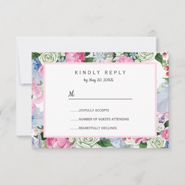 Boho pink lavender blue meadow lowers Wedding RSVP Card (Front)