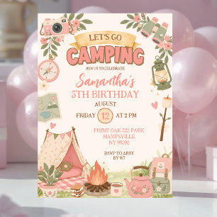 Boho Pink Let's Go Camping Birthday Invitation