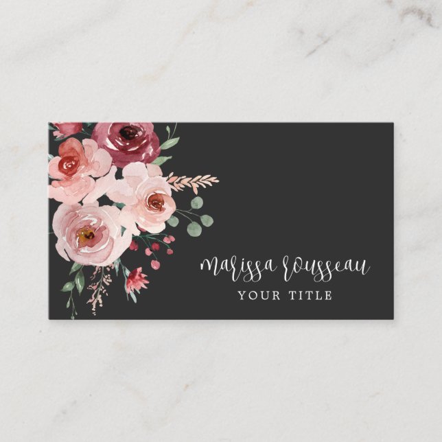 Boho Pink Merlot Floral Black Business Card (Front)