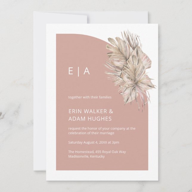 Boho Pink Minimalist Monogram Half Arch Wedding Invitation (Front)